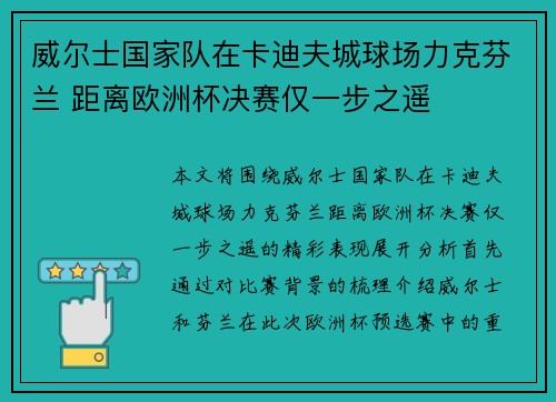 威尔士国家队在卡迪夫城球场力克芬兰 距离欧洲杯决赛仅一步之遥